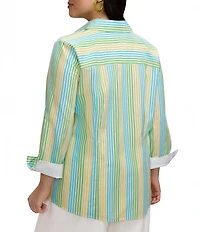 Foxcroft Plus Size Taylor Ombre Stripe Point Collar 3/4 Sleeve Button-Front Shirt