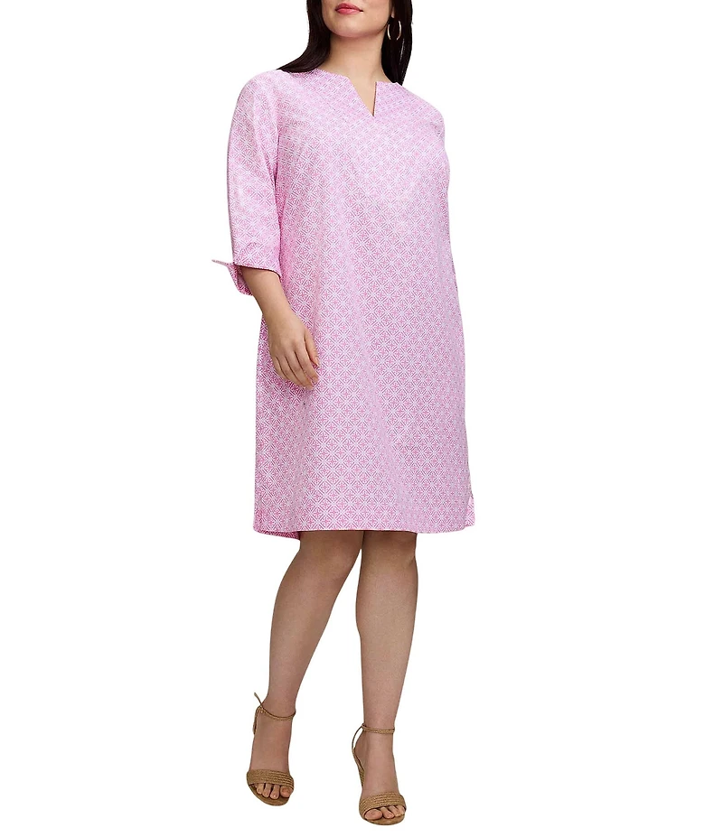 Foxcroft Plus Size Vena Cotton Geo Lattice V-Neck 3/4 Sleeve Shift Dress