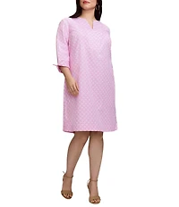 Foxcroft Plus Size Vena Cotton Geo Lattice V-Neck 3/4 Sleeve Shift Dress