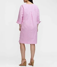 Foxcroft Plus Size Vena Cotton Geo Lattice V-Neck 3/4 Sleeve Shift Dress