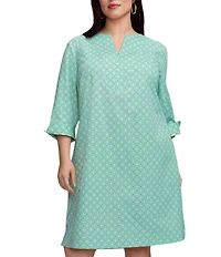 Foxcroft Plus Size Vena Cotton Geo Lattice V-Neck 3/4 Sleeve Shift Dress