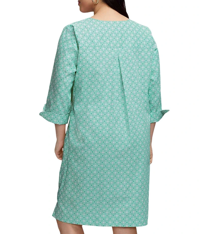 Foxcroft Plus Size Vena Cotton Geo Lattice V-Neck 3/4 Sleeve Shift Dress