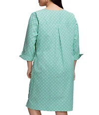 Foxcroft Plus Size Vena Cotton Geo Lattice V-Neck 3/4 Sleeve Shift Dress