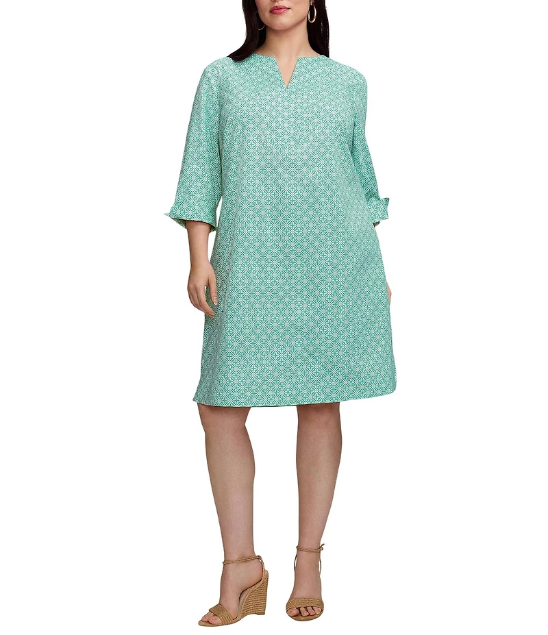 Foxcroft Plus Size Vena Cotton Geo Lattice V-Neck 3/4 Sleeve Shift Dress