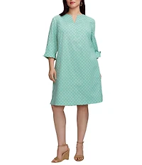 Foxcroft Plus Size Vena Cotton Geo Lattice V-Neck 3/4 Sleeve Shift Dress