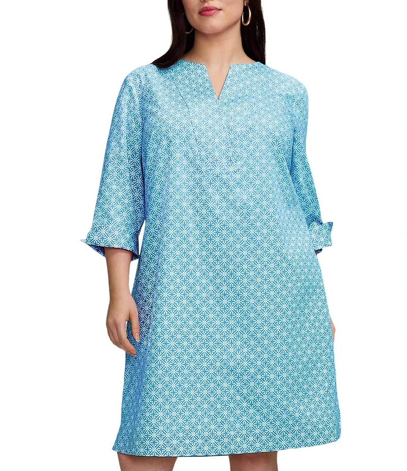 Foxcroft Plus Size Vena Cotton Geo Lattice V-Neck 3/4 Sleeve Shift Dress