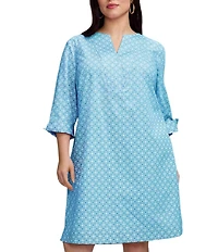 Foxcroft Plus Size Vena Cotton Geo Lattice V-Neck 3/4 Sleeve Shift Dress