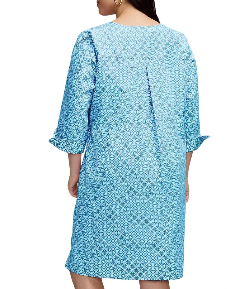 Foxcroft Plus Size Vena Cotton Geo Lattice V-Neck 3/4 Sleeve Shift Dress