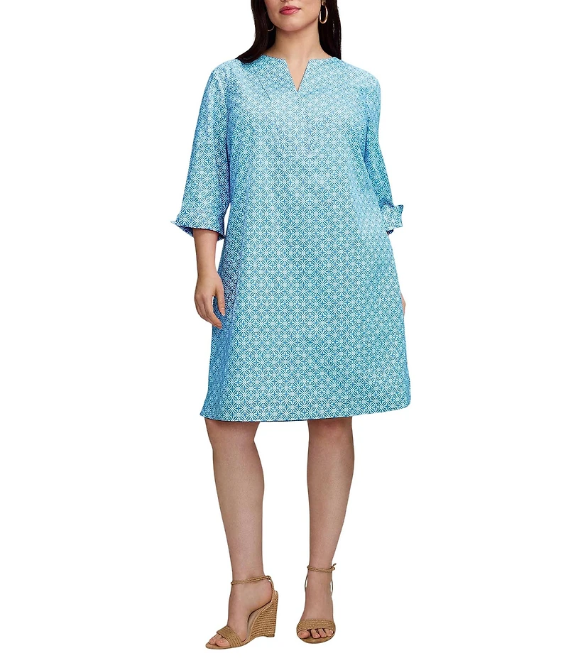 Foxcroft Plus Size Vena Cotton Geo Lattice V-Neck 3/4 Sleeve Shift Dress