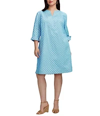 Foxcroft Plus Size Vena Cotton Geo Lattice V-Neck 3/4 Sleeve Shift Dress