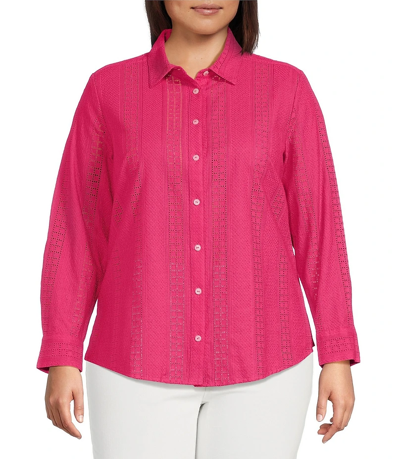 Foxcroft Plus Size Zoey Cotton Eyelet Long Sleeve Button Front Shirt
