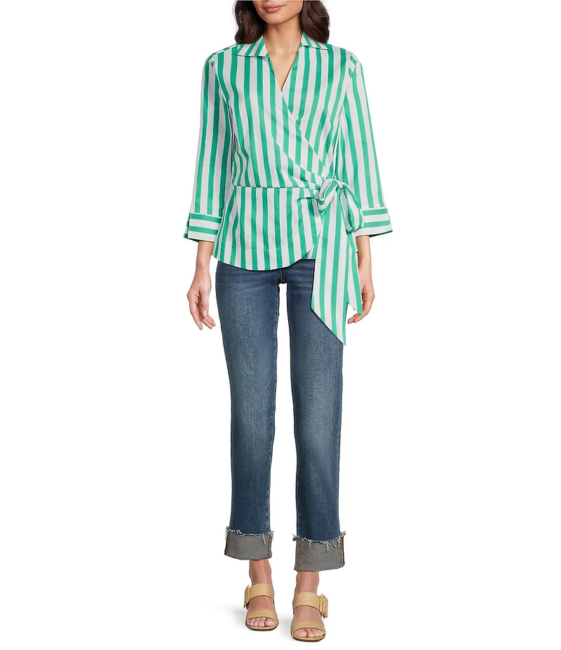 Foxcroft Salina Point Collar 3/4 Sleeve Stretch Stripe Tunic