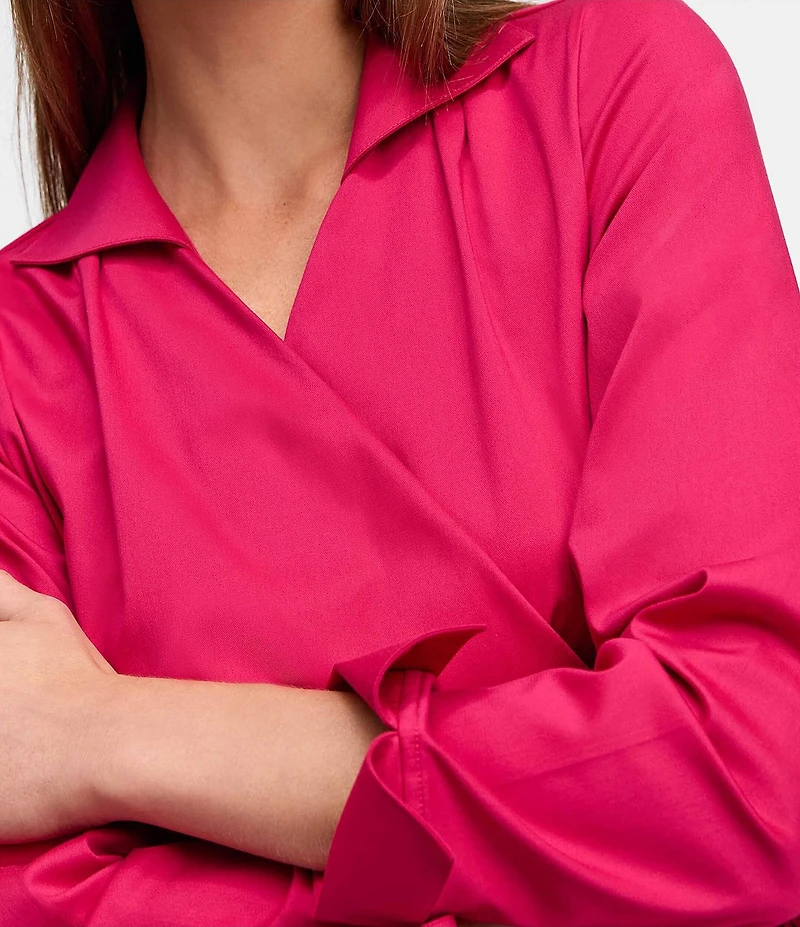 Foxcroft Salina Stretch Solid Collared Long Sleeve Wrap Top