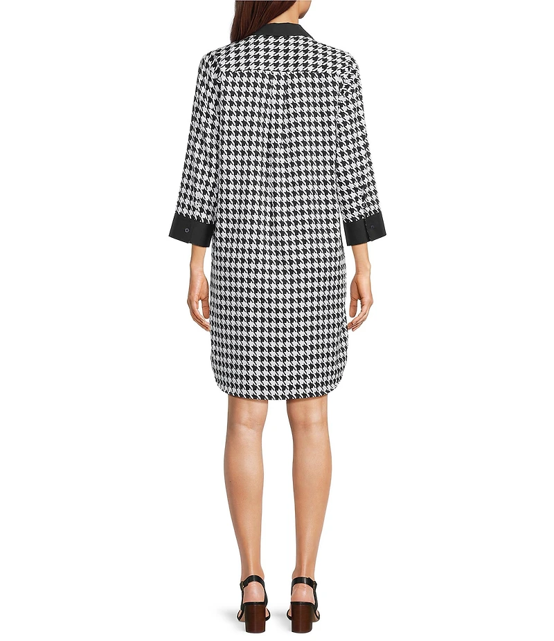 Foxcroft Sloane Cotton Sateen Houndstooth Wrinkle Free Notch Collar 3/4 Barrel Cuff Sleeve Shift Dress
