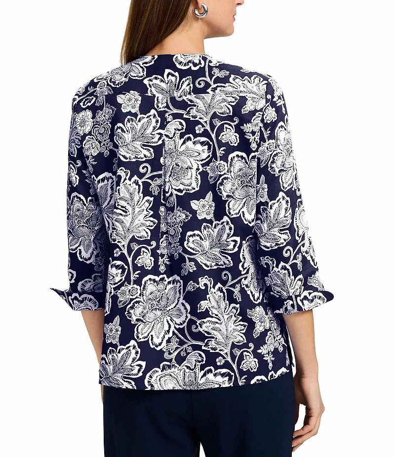 Foxcroft Vena Wrinkle-Free Floral Cotton Sateen Split V-Neck 3/4 Sleeve Button-Front Shirt