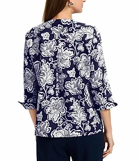Foxcroft Vena Wrinkle-Free Floral Cotton Sateen Split V-Neck 3/4 Sleeve Button-Front Shirt