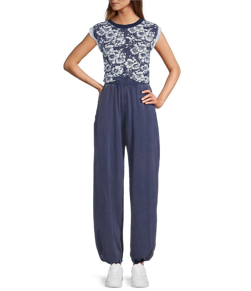 FP Movement Hot Shot Floral Print Crossover Crew Neck Cropped Muscle Tee & High-Rise Waist Pant Set