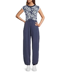 FP Movement Hot Shot Floral Print Crossover Crew Neck Cropped Muscle Tee & High-Rise Waist Pant Set