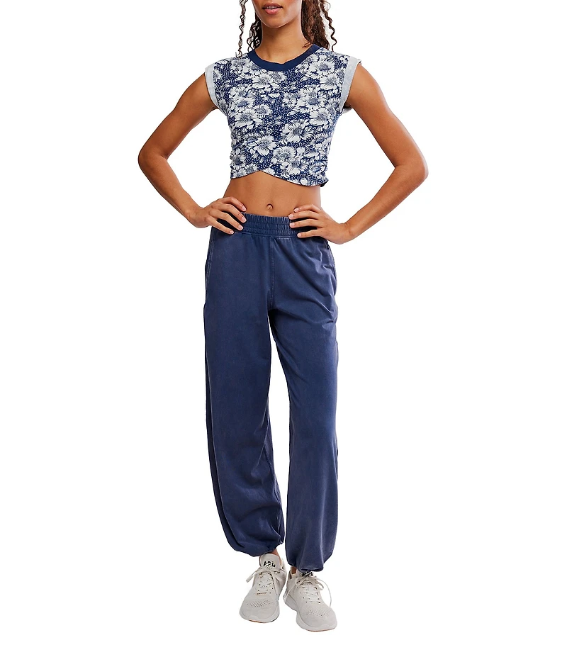 FP Movement Hot Shot Floral Print Crossover Crew Neck Cropped Muscle Tee & High-Rise Waist Coordinating Pant Set