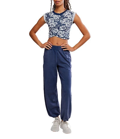 FP Movement Hot Shot Floral Print Crossover Crew Neck Cropped Muscle Tee & High-Rise Waist Coordinating Pant Set