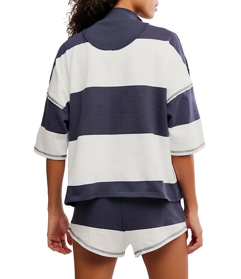 FP Movement Retro Rugby Stripe Pattern Quarter Zip Short Sleeve Short Set