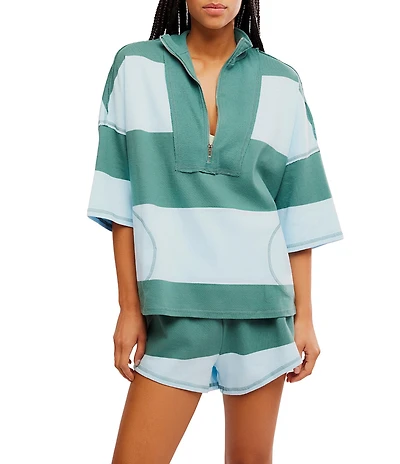 FP Movement Retro Rugby Stripe Pattern Quarter Zip Short Sleeve Short Set