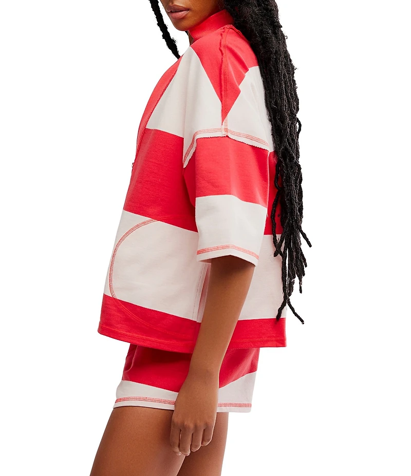 FP Movement Retro Rugby Stripe Pattern Quarter Zip Short Sleeve Short Set