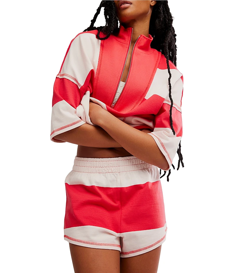 FP Movement Retro Rugby Stripe Pattern Quarter Zip Short Sleeve Short Set