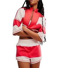 FP Movement Retro Rugby Stripe Pattern Quarter Zip Short Sleeve Short Set