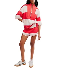 FP Movement Retro Rugby Stripe Pattern Quarter Zip Short Sleeve Short Set