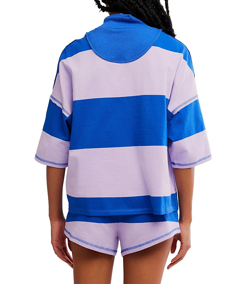 FP Movement Retro Rugby Stripe Pattern Quarter Zip Short Sleeve Short Set