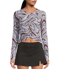 FP Movement Tempo Ruched Abstract Printed Scoop Neck Long Sleeve Top