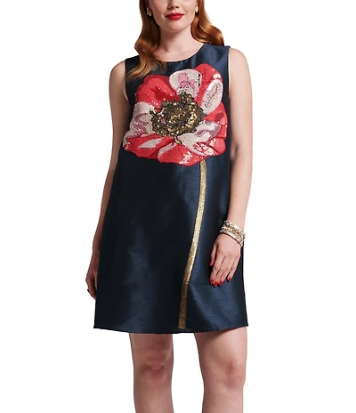 FRANCES VALENTINE Alice Sequin Paradise Poppy Embroidered Dupion Scoop Neck Sleeveless Shift Dress
