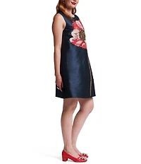 FRANCES VALENTINE Alice Sequin Paradise Poppy Embroidered Dupion Scoop Neck Sleeveless Shift Dress