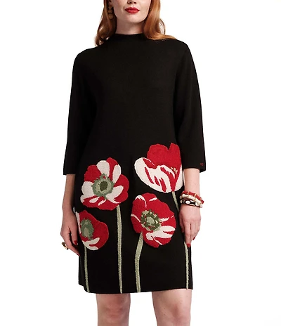 FRANCES VALENTINE Annie Embroidered Paradise Poppy Wool Blend Mock Neck 3/4 Sleeve Dress