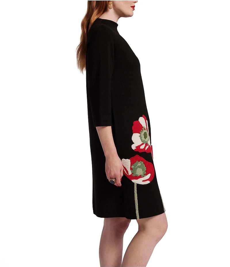 FRANCES VALENTINE Annie Embroidered Paradise Poppy Wool Blend Mock Neck 3/4 Sleeve Dress