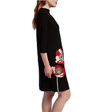 FRANCES VALENTINE Annie Embroidered Paradise Poppy Wool Blend Mock Neck 3/4 Sleeve Dress
