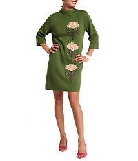 FRANCES VALENTINE Annie Heirloom Paradise Poppy Embroidered Mock Neck 3/4 Sleeve Dress