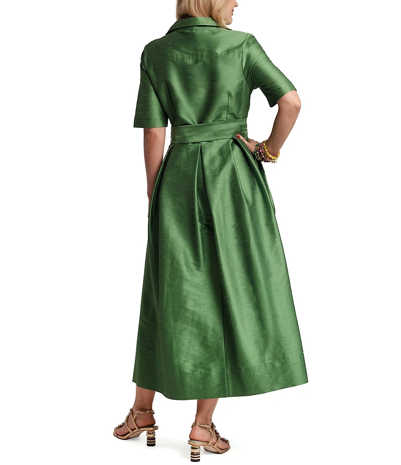 FRANCES VALENTINE Bella Dupion Point Collar Short Sleeve Tie Waist Maxi Dress