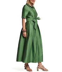 FRANCES VALENTINE Bella Dupion Point Collar Short Sleeve Tie Waist Maxi Dress