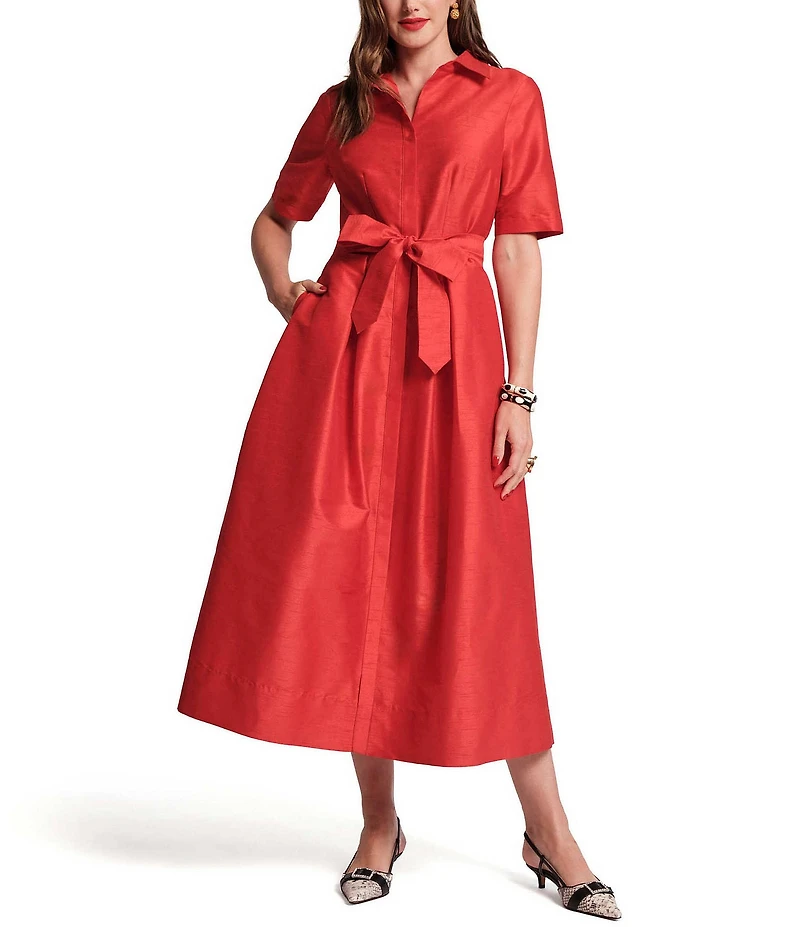 FRANCES VALENTINE Bella Poly Dupion Point Collar Short Sleeve Tie Waist Maxi Dress