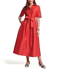 FRANCES VALENTINE Bella Poly Dupion Point Collar Short Sleeve Tie Waist Maxi Dress