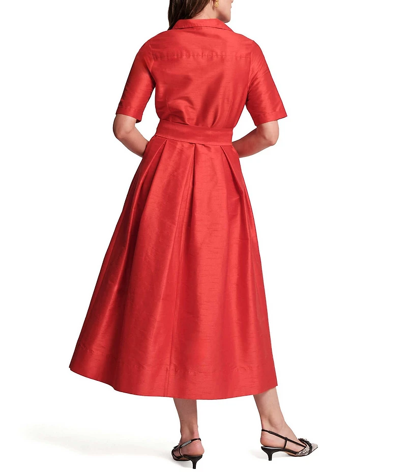 FRANCES VALENTINE Bella Poly Dupion Point Collar Short Sleeve Tie Waist Maxi Dress