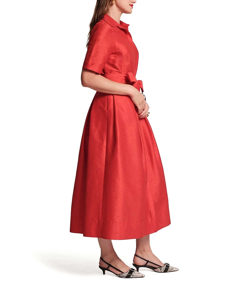 FRANCES VALENTINE Bella Poly Dupion Point Collar Short Sleeve Tie Waist Maxi Dress