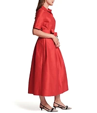 FRANCES VALENTINE Bella Poly Dupion Point Collar Short Sleeve Tie Waist Maxi Dress