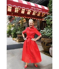 FRANCES VALENTINE Bella Poly Dupion Point Collar Short Sleeve Tie Waist Maxi Dress