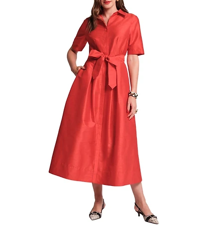 FRANCES VALENTINE Bella Poly Dupion Point Collar Short Sleeve Tie Waist Maxi Dress
