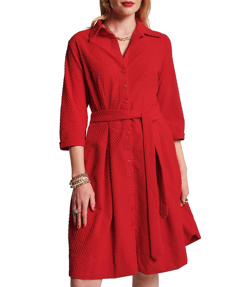 FRANCES VALENTINE Bellini Waffleweave Point Collar Long Sleeve Button Front Tie Waist Dress