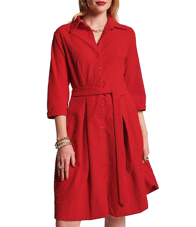 FRANCES VALENTINE Bellini Waffleweave Point Collar Long Sleeve Button Front Tie Waist Dress