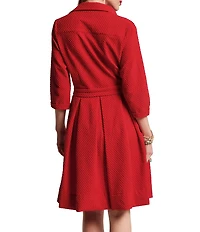 FRANCES VALENTINE Bellini Waffleweave Point Collar Long Sleeve Button Front Tie Waist Dress